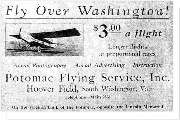 Advertisement for a Flight over Washington for $3.00, quite a princely sum at the time.